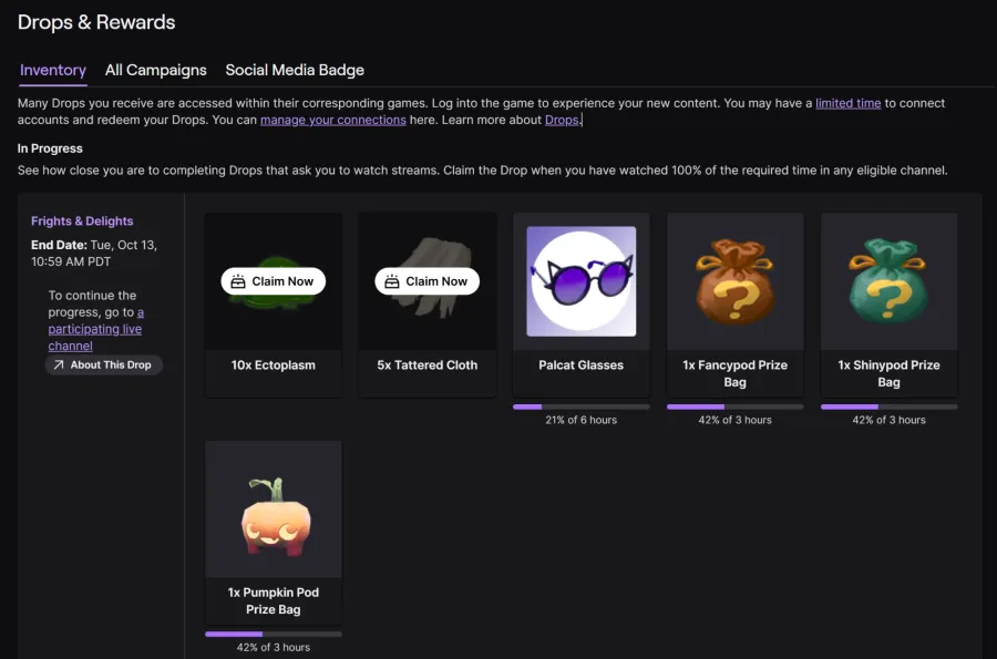 The Drops inventory on Twitch, with rewards to claim and progress bars