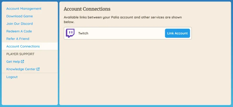 Account Connections on palia.com, with Link Account next to Twitch