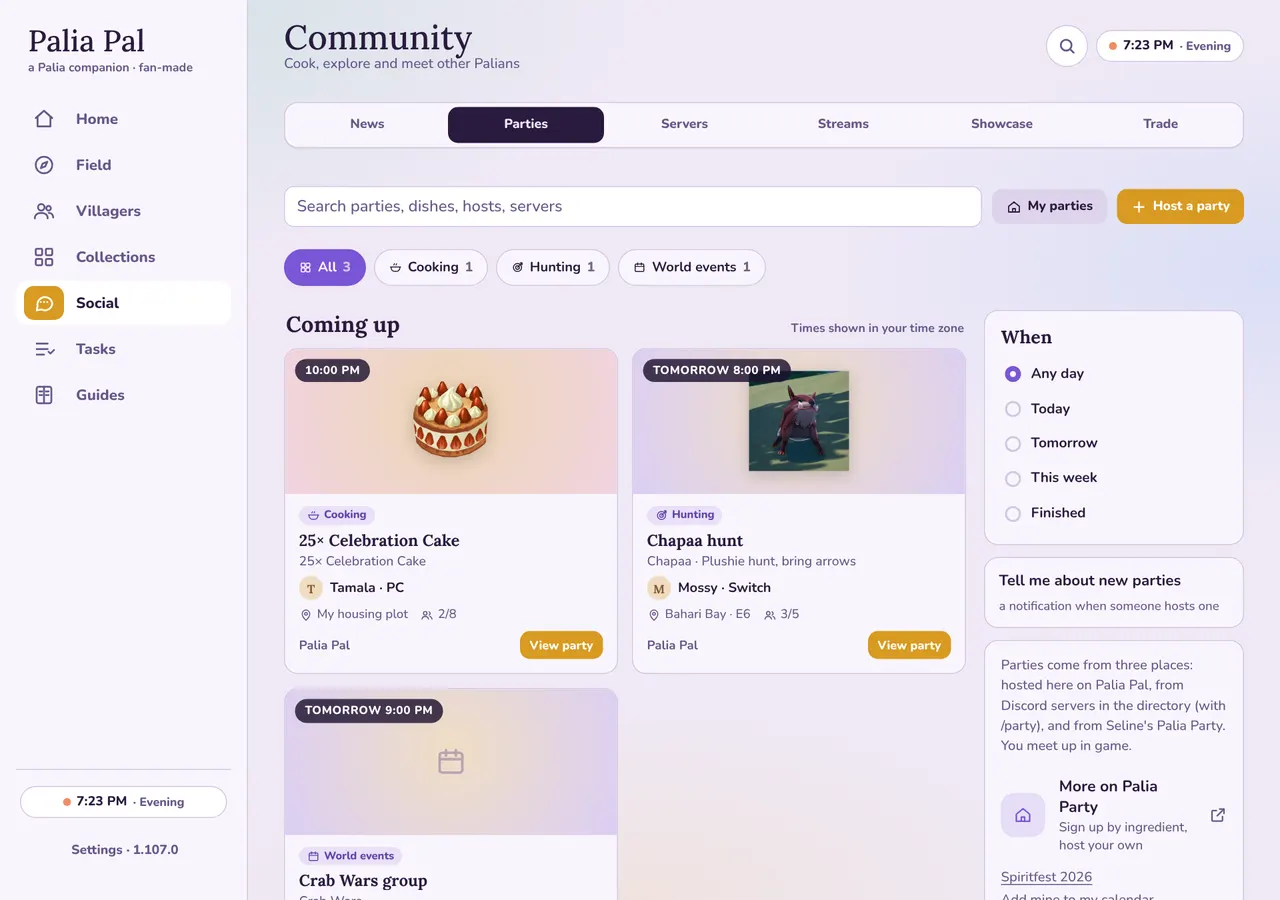 The Parties tab in Palia Pal with My parties and Host a party buttons over the list (desktop layout)