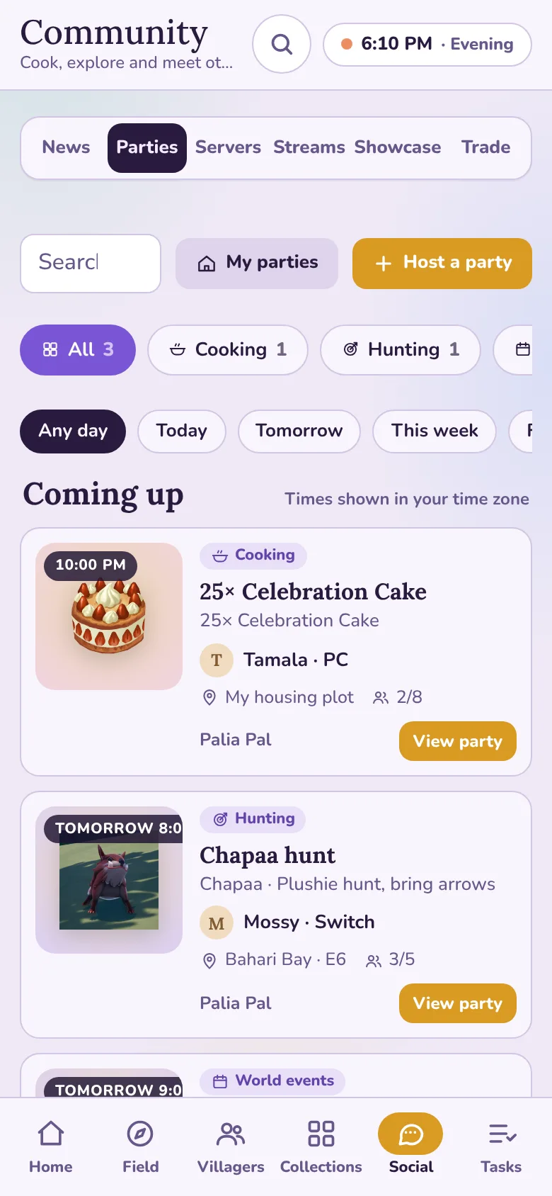 The Parties tab in Palia Pal with My parties and Host a party buttons over the list