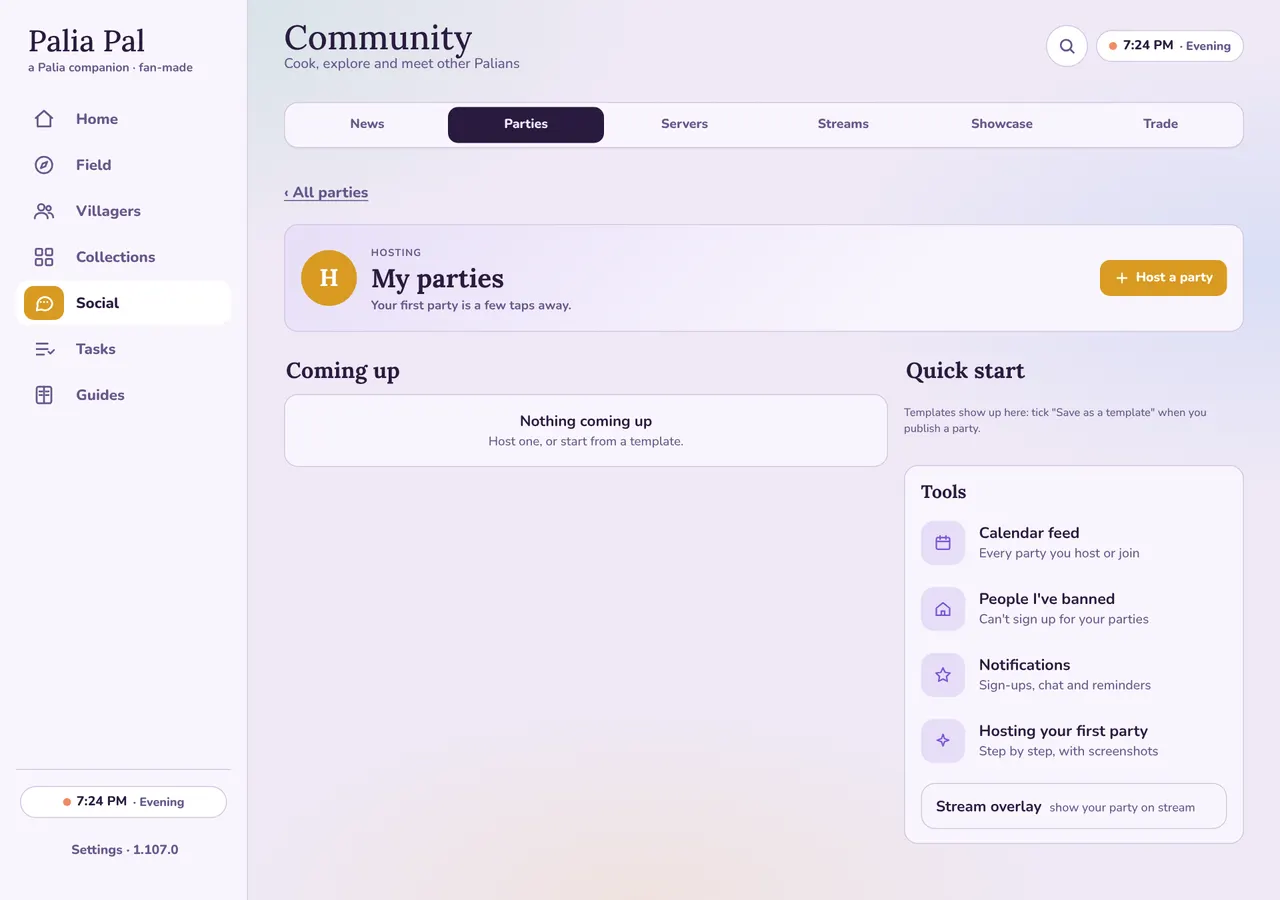 The My parties hub with a Host a party button, Coming up, Quick start and Tools (desktop layout)