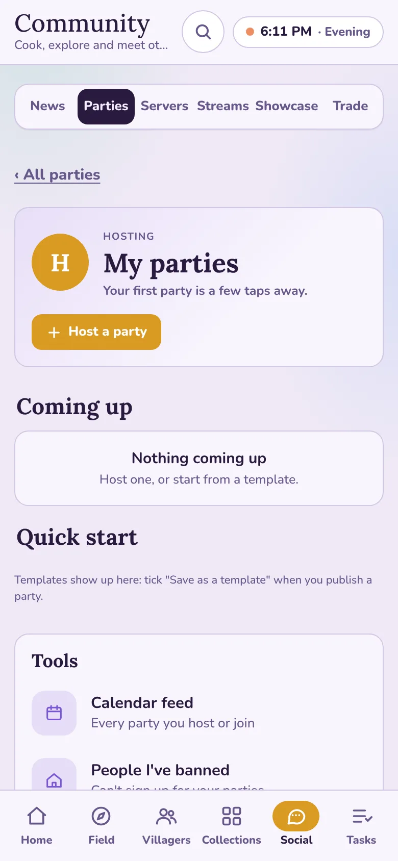 The My parties hub with a Host a party button, Coming up, Quick start and Tools