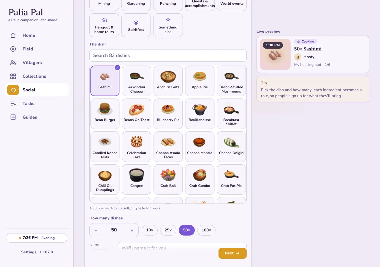 Step 1 of the host form: the dish grid with Sashimi picked and 50 dishes (desktop layout)