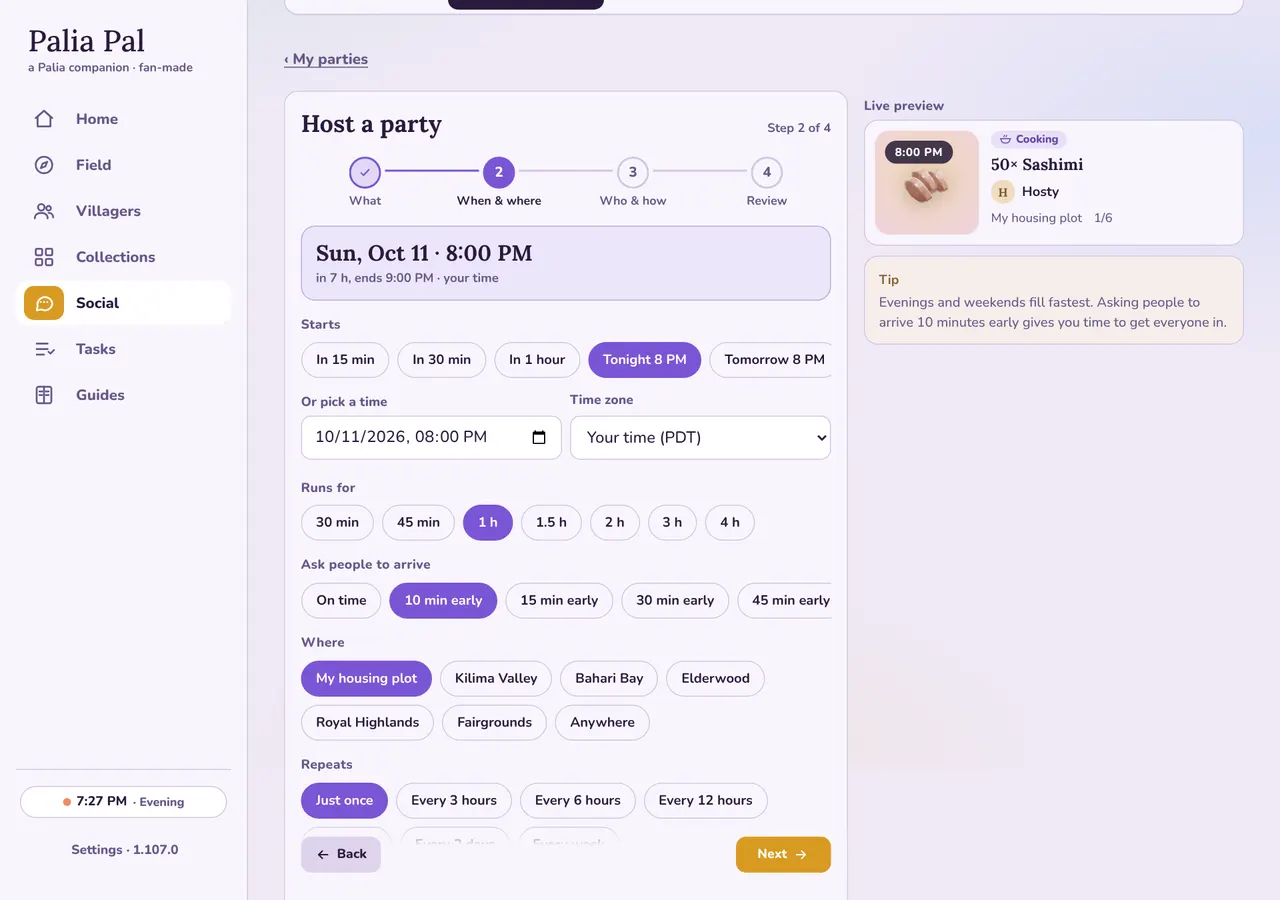 Step 2 of the host form: start time chips, length, arrive early and where (desktop layout)