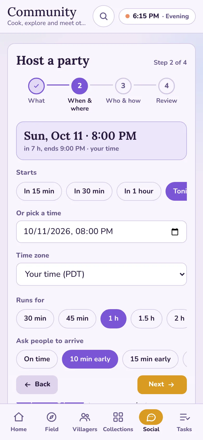 Step 2 of the host form: start time chips, length, arrive early and where