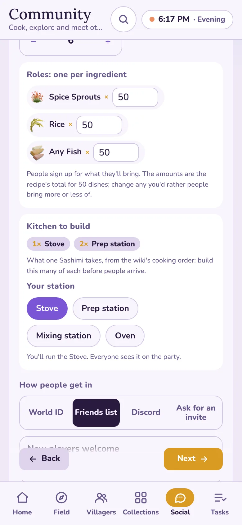 Step 3 of the host form: the roles with amounts, the kitchen to build and the host's station