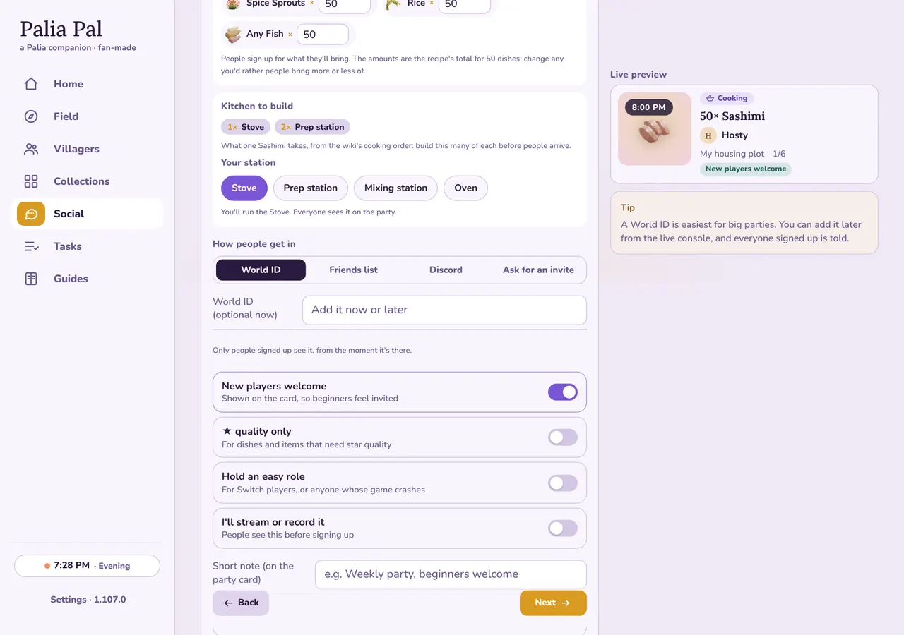 Step 3 of the host form: how people get in, the World ID box and the switches (desktop layout)