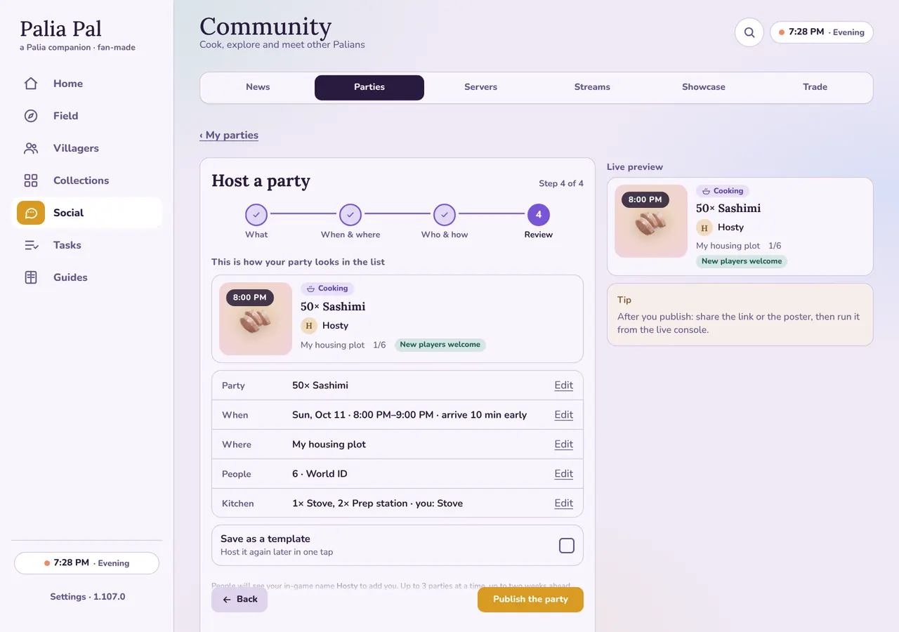 Step 4 of the host form: the preview card, the summary and the Publish button (desktop layout)
