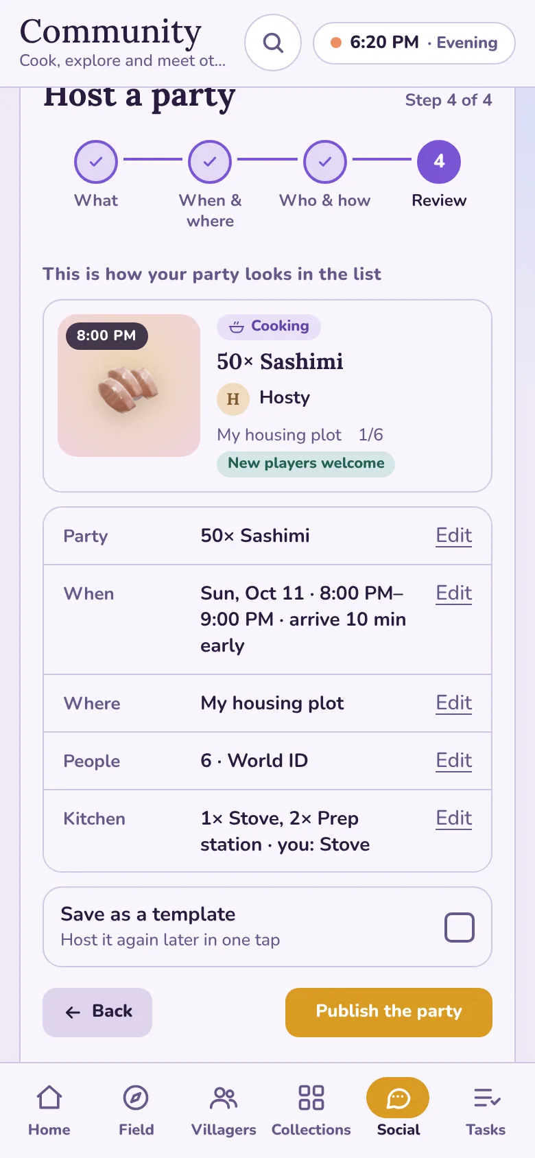 Step 4 of the host form: the preview card, the summary and the Publish button