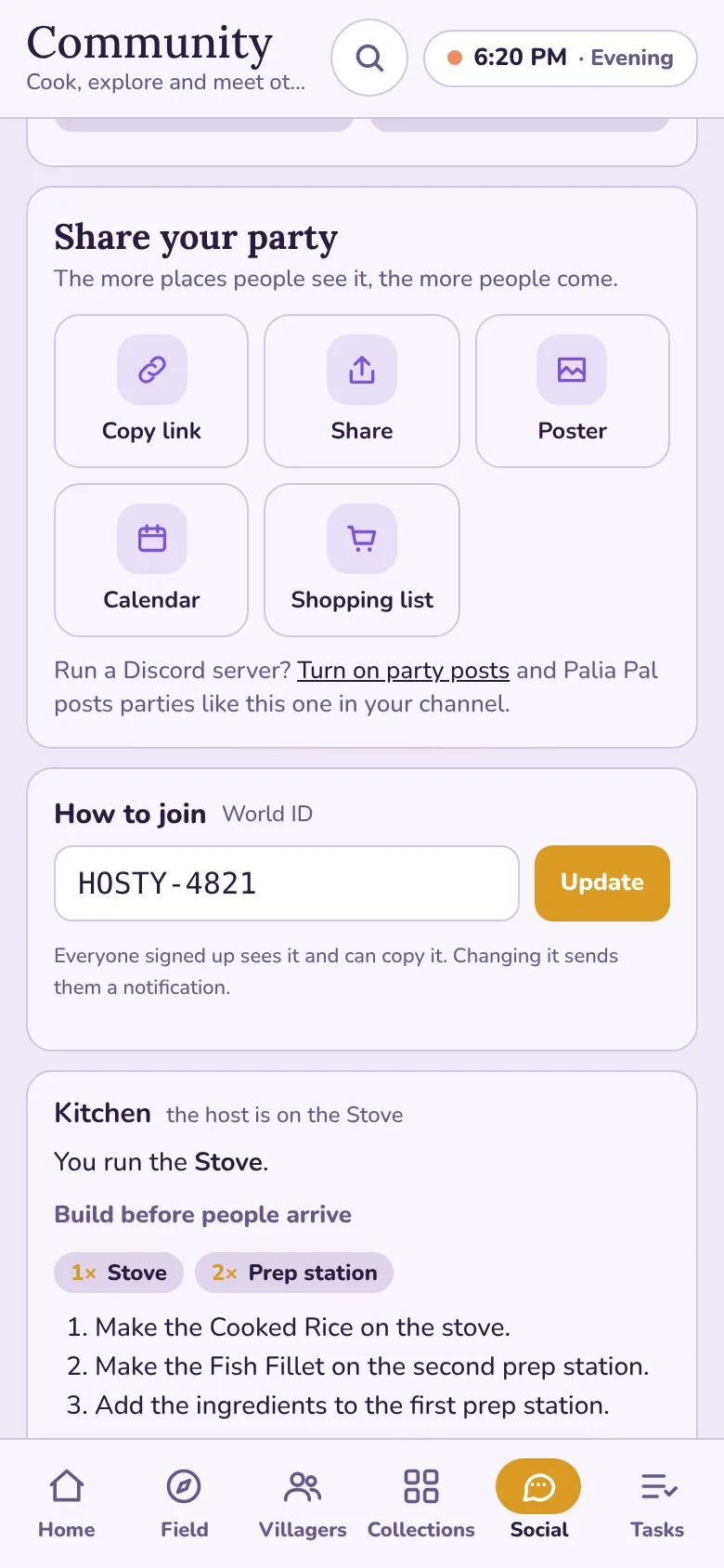 The party page after publishing: the sharing kit, the World ID box and the kitchen card