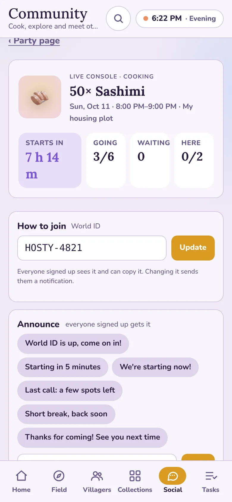 The live console: the World ID, announcement chips and roles still missing