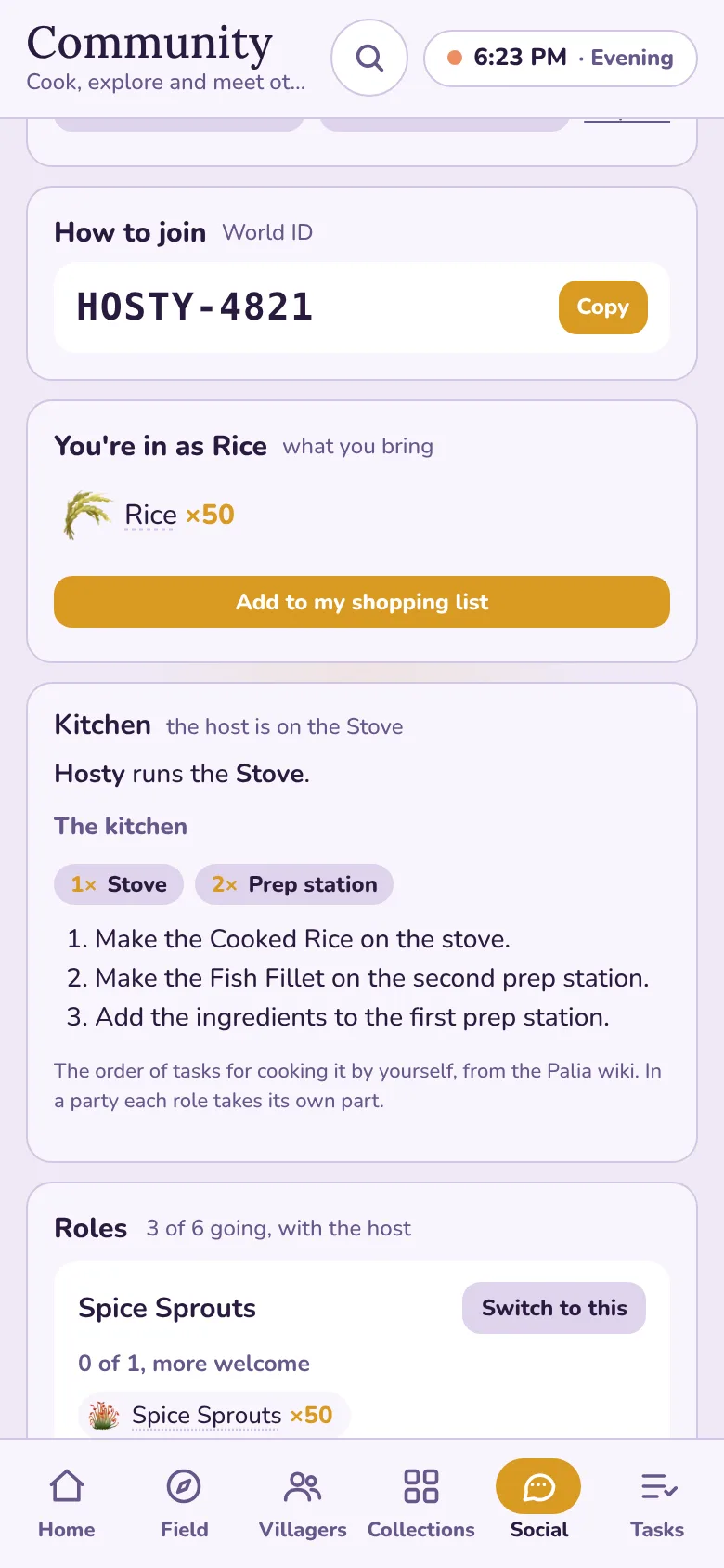 A guest's party page: the World ID with Copy, the You're in as Rice card with 50 Rice, and the kitchen